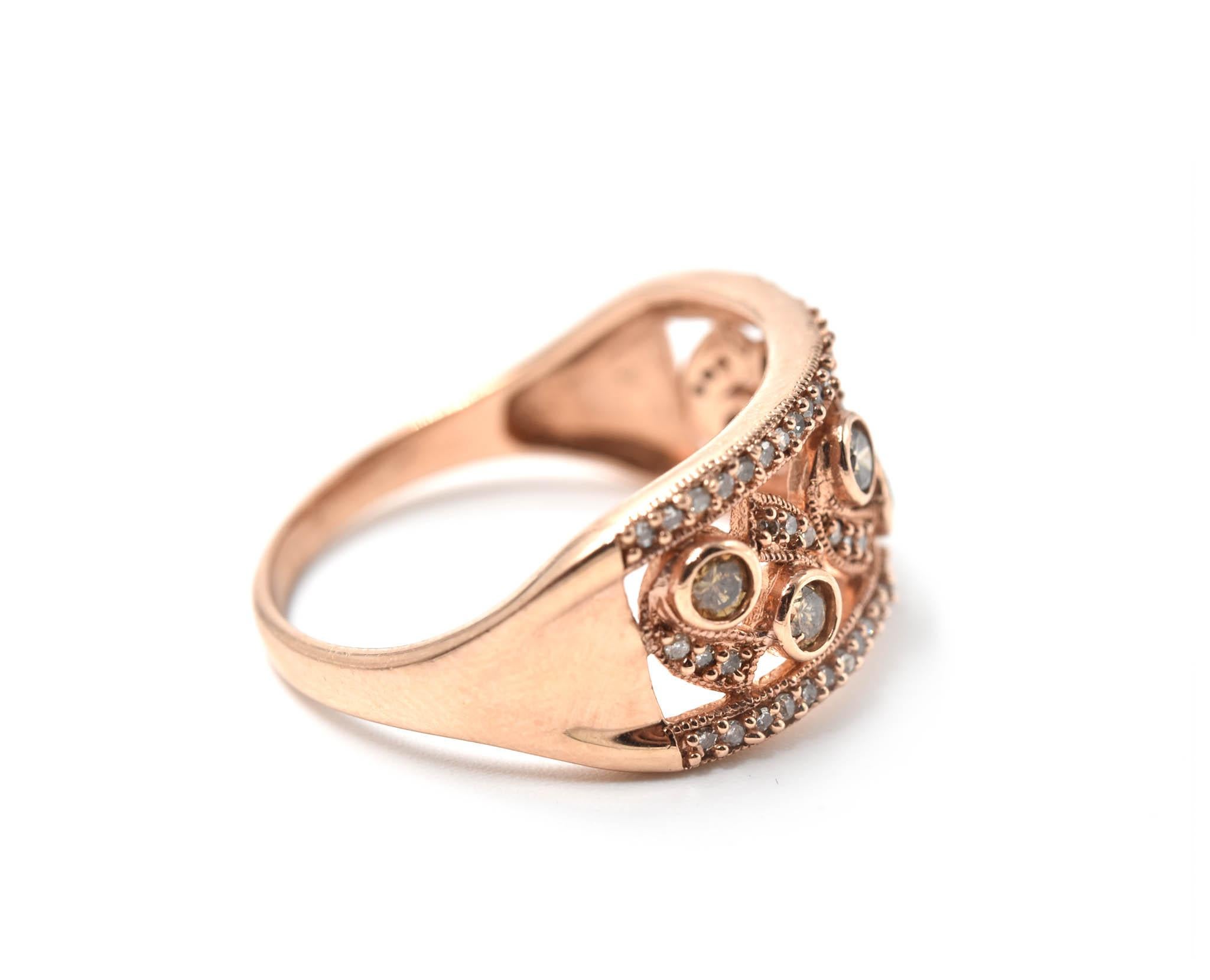 Designer: custom design
Material: 10k rose gold
Diamonds: 64 round brilliant cut diamonds = 0.50 carat weight
Ring size: 7 (please allow two additional shipping days for sizing requests)
Weight: 2.8 grams 
