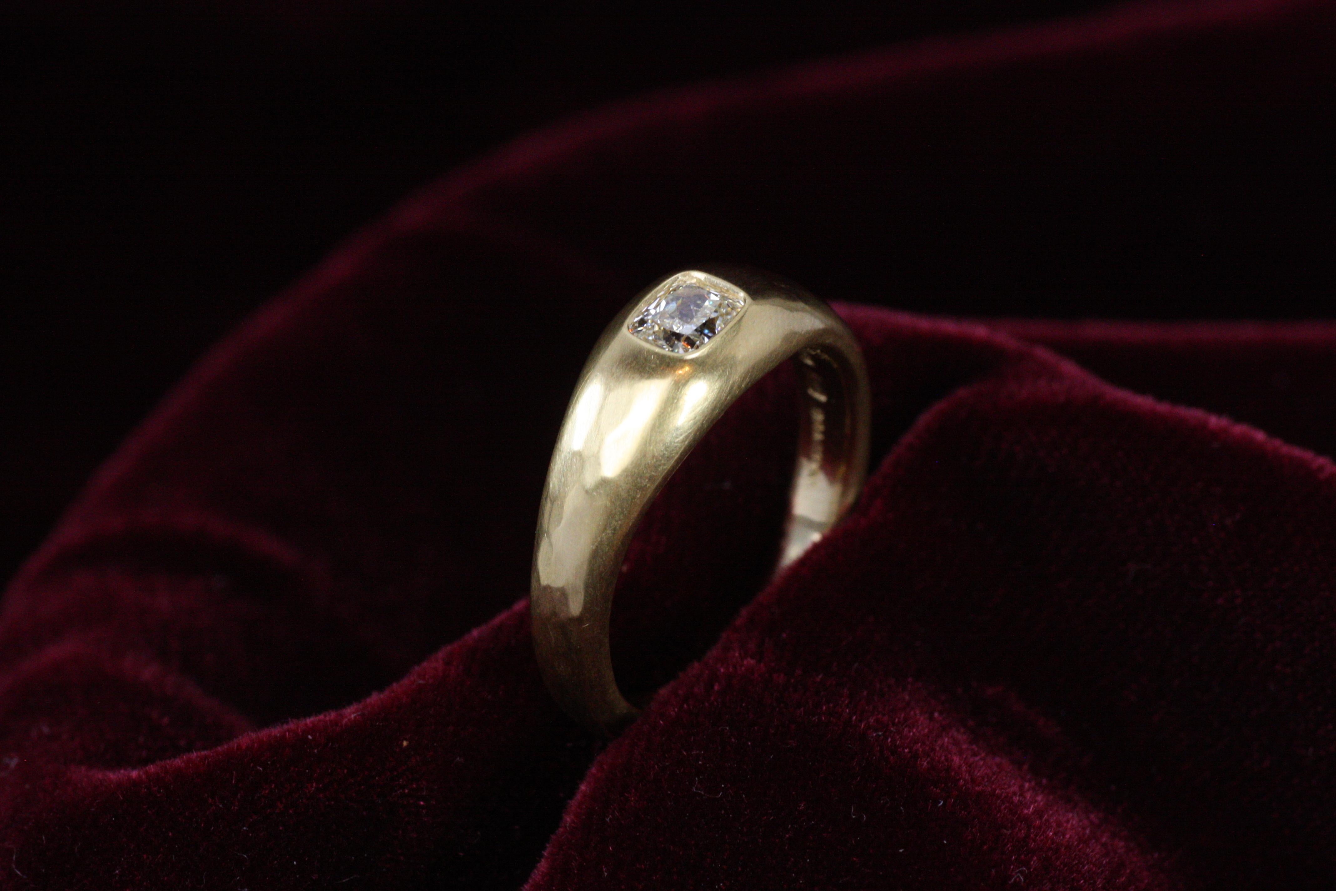 Modern 0.50 Carat Cushion Cut Natural Diamond Solitaire Gypsy 22K Gold Engagement Ring For Sale