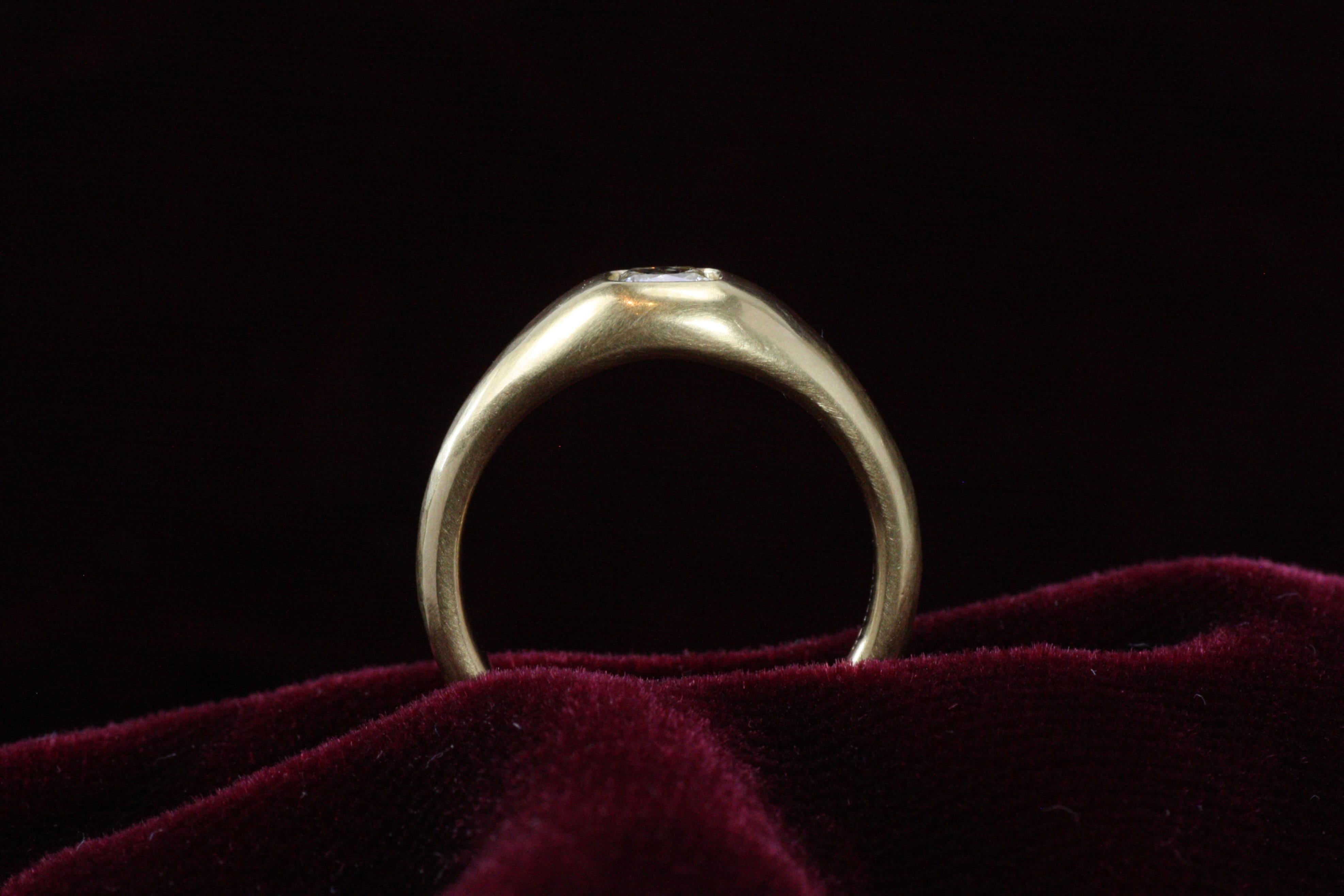 0.50 Carat Cushion Cut Natural Diamond Solitaire Gypsy 22K Gold Engagement Ring In New Condition For Sale In Santa Monica, CA