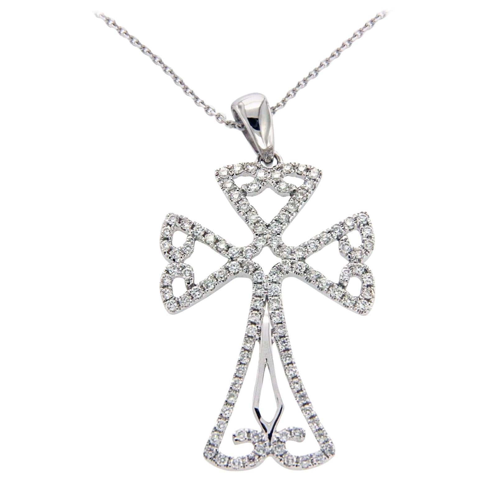 0.50 Carat Diamond 18 Karat Gold Open Cross Pendant 14 Karat Gold Chain Necklace For Sale