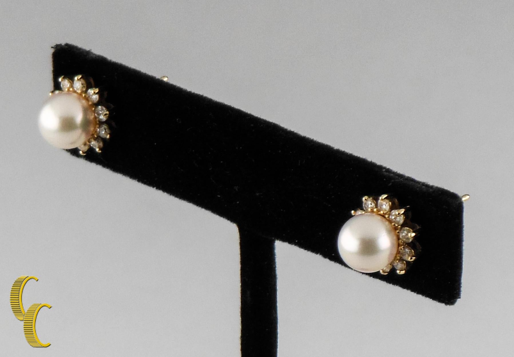 Modern 0.50 Carat Diamond and Pearl Solitaire Earrings in Yellow Gold