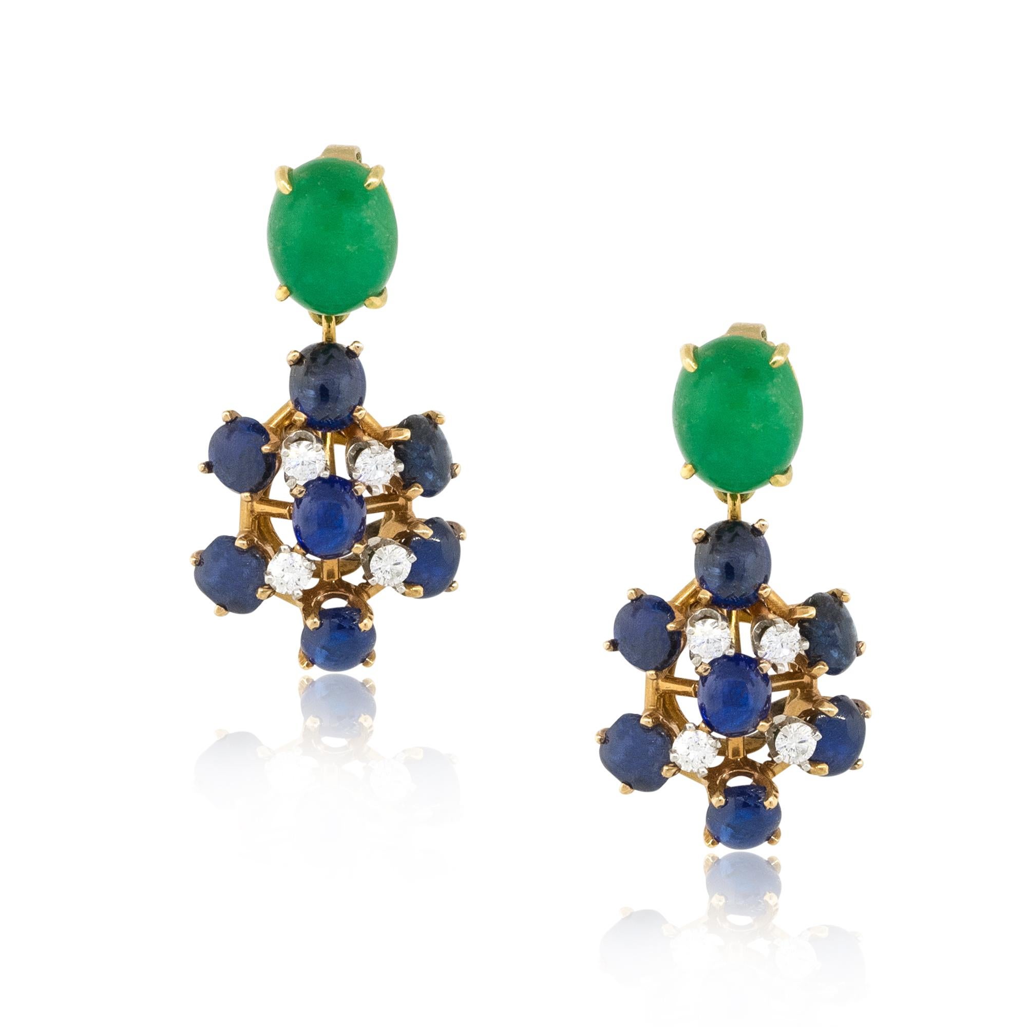 Pendants d'oreilles en or 14 carats avec diamants 0,50 carat et pierres précieuses en cabochon en vente 1