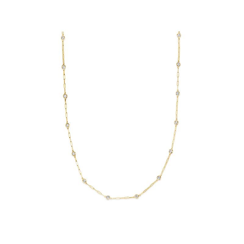 0.5 Carat Diamond by the Yard Paper Clip Necklace G SI 14K Yellow Gold
14 stones 18 inches

100% Natural Diamonds, Not Enhanced in any way
0.5CT
G-H 
SI  
14K Yellow Gold, Bezel style, 2.5 gram
18 inches in length, 1/8
