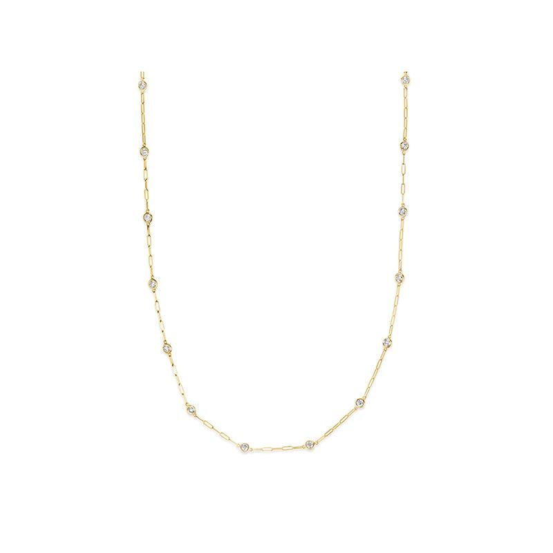 0.5 Carat Diamond by the Yard Paper Clip Necklace G SI 14K Yellow Gold
14 stones 18 inches

100% Natural Diamonds, Not Enhanced in any way
0.5CT
G-H 
SI  
14K Yellow Gold, Bezel style, 2.5 gram
18 inches in length, 1/8