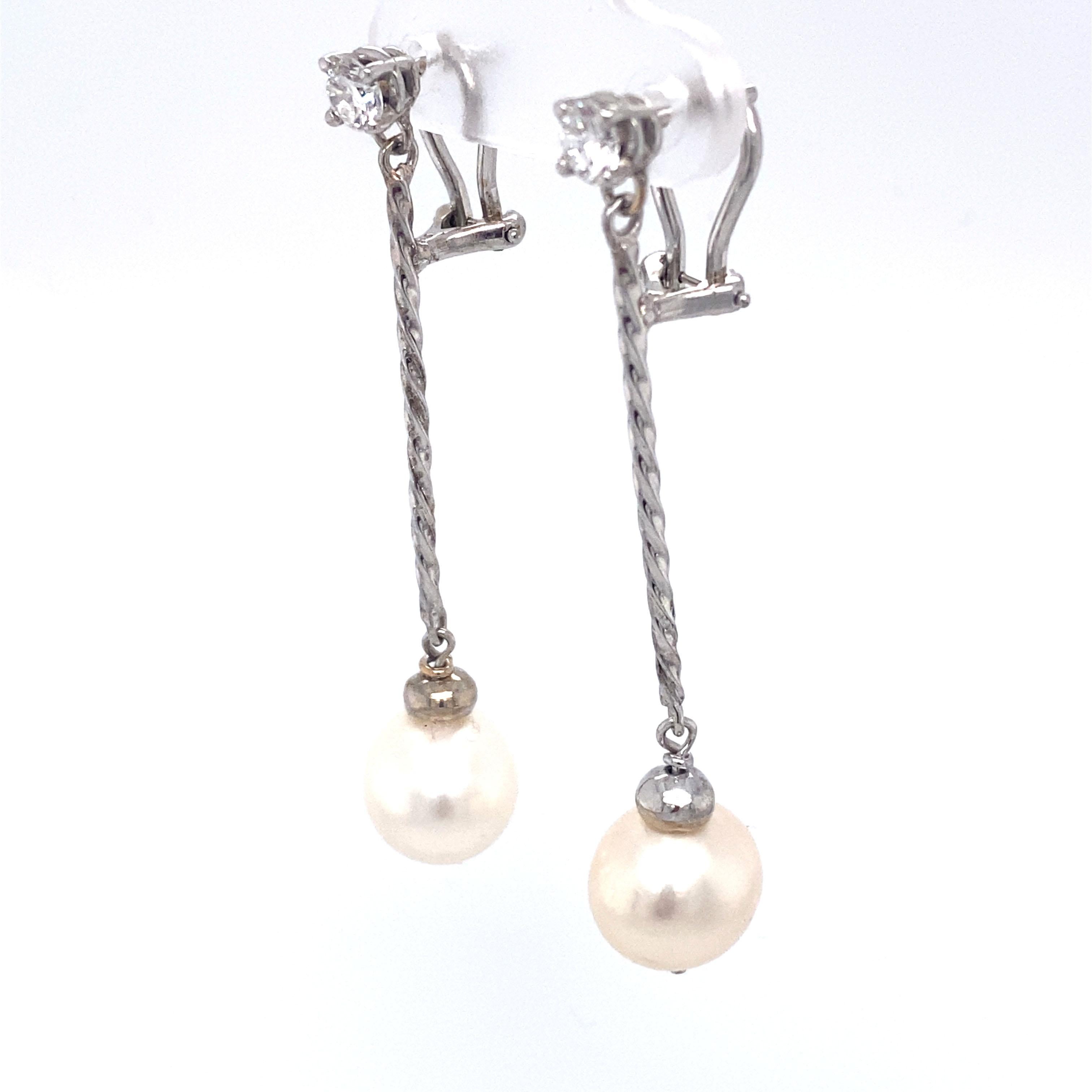 Women's 0.50 Carat Diamond Drop Earrings with Pearls in 14 Karat White Gold For Sale