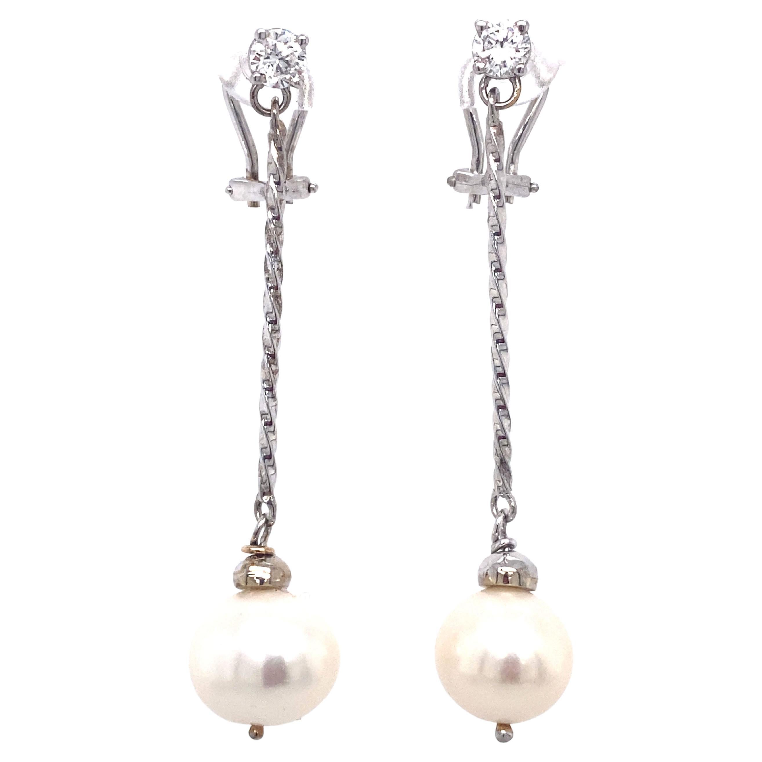 0.50 Carat Diamond Drop Earrings with Pearls in 14 Karat White Gold