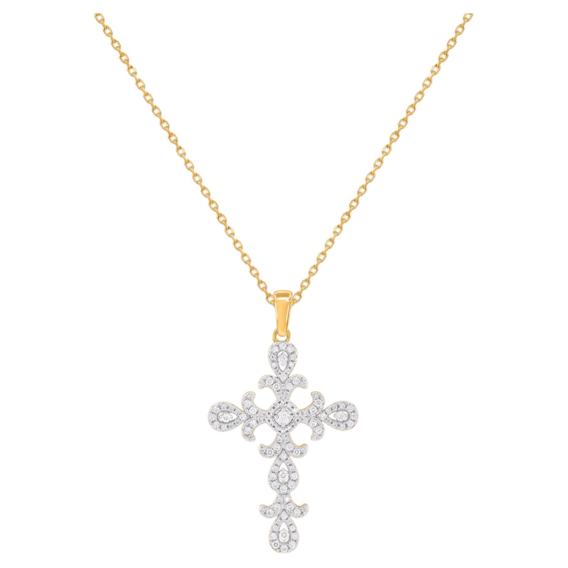 0.50 Carat Diamond Filigree Cross Pendant in 14 Karat Yellow Gold For Sale
