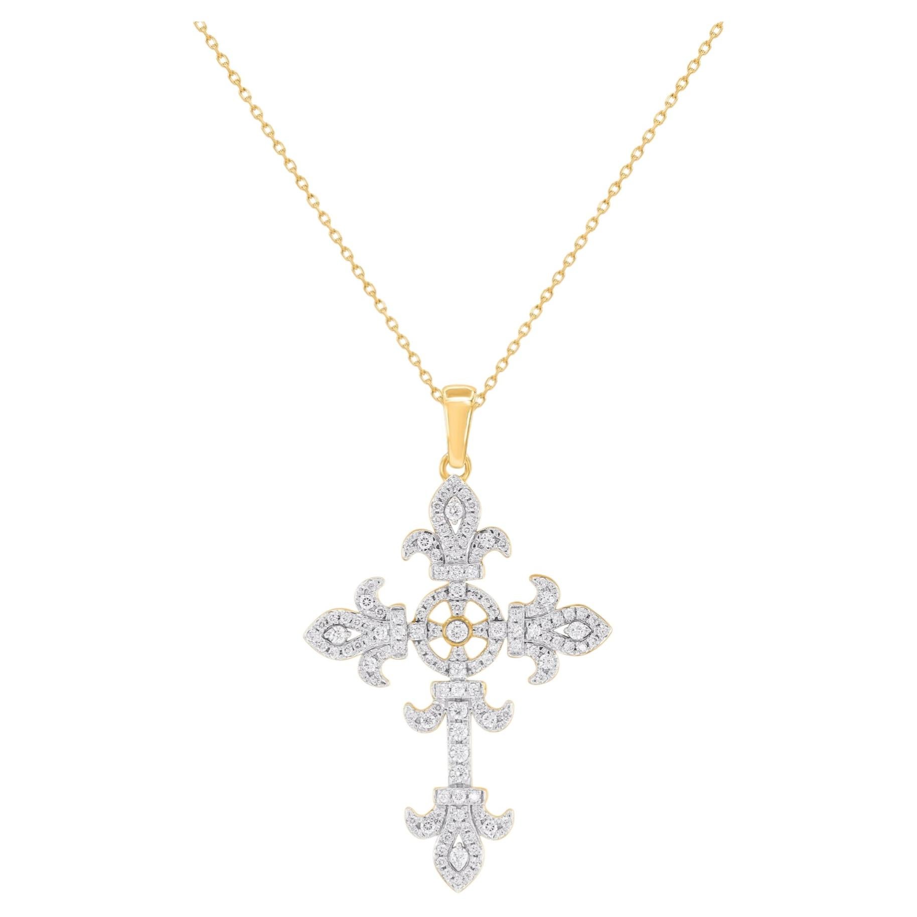 0.50 Carat Diamond Fleur-de-Lis Cross Pendant in 14KT Yellow Gold