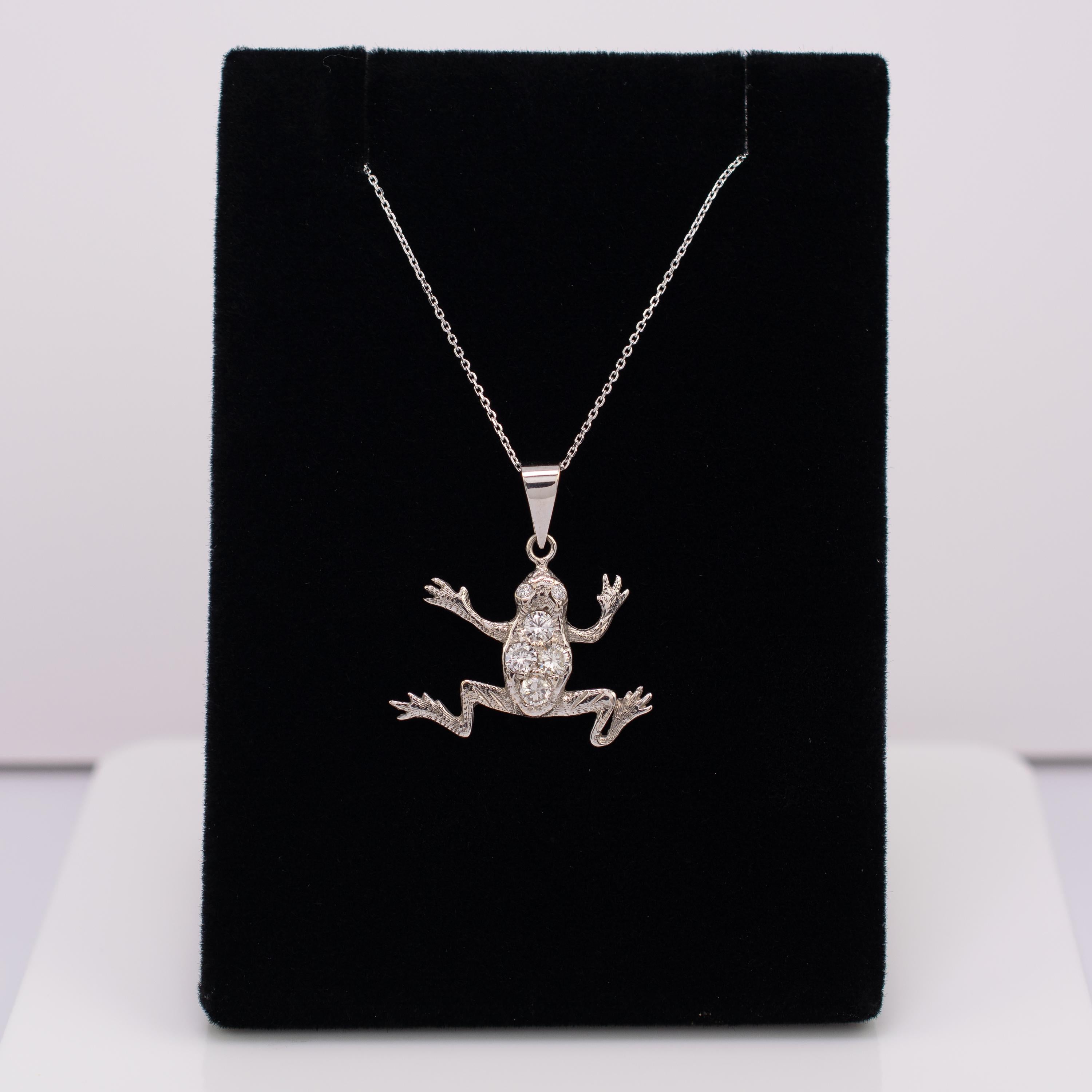 Round Cut Unique Diamond Frog Pendant 15 Karat White Gold