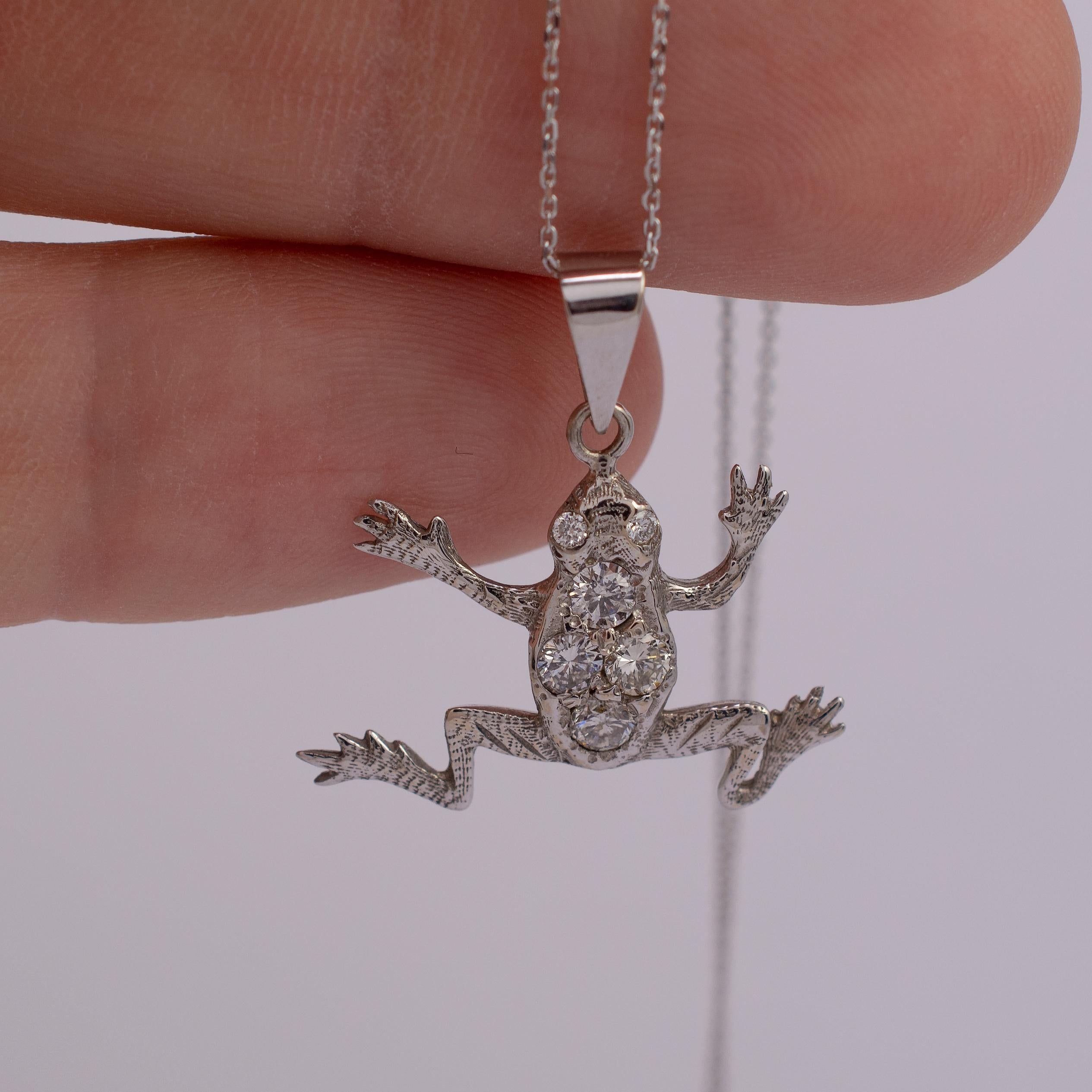 Women's Unique Diamond Frog Pendant 15 Karat White Gold
