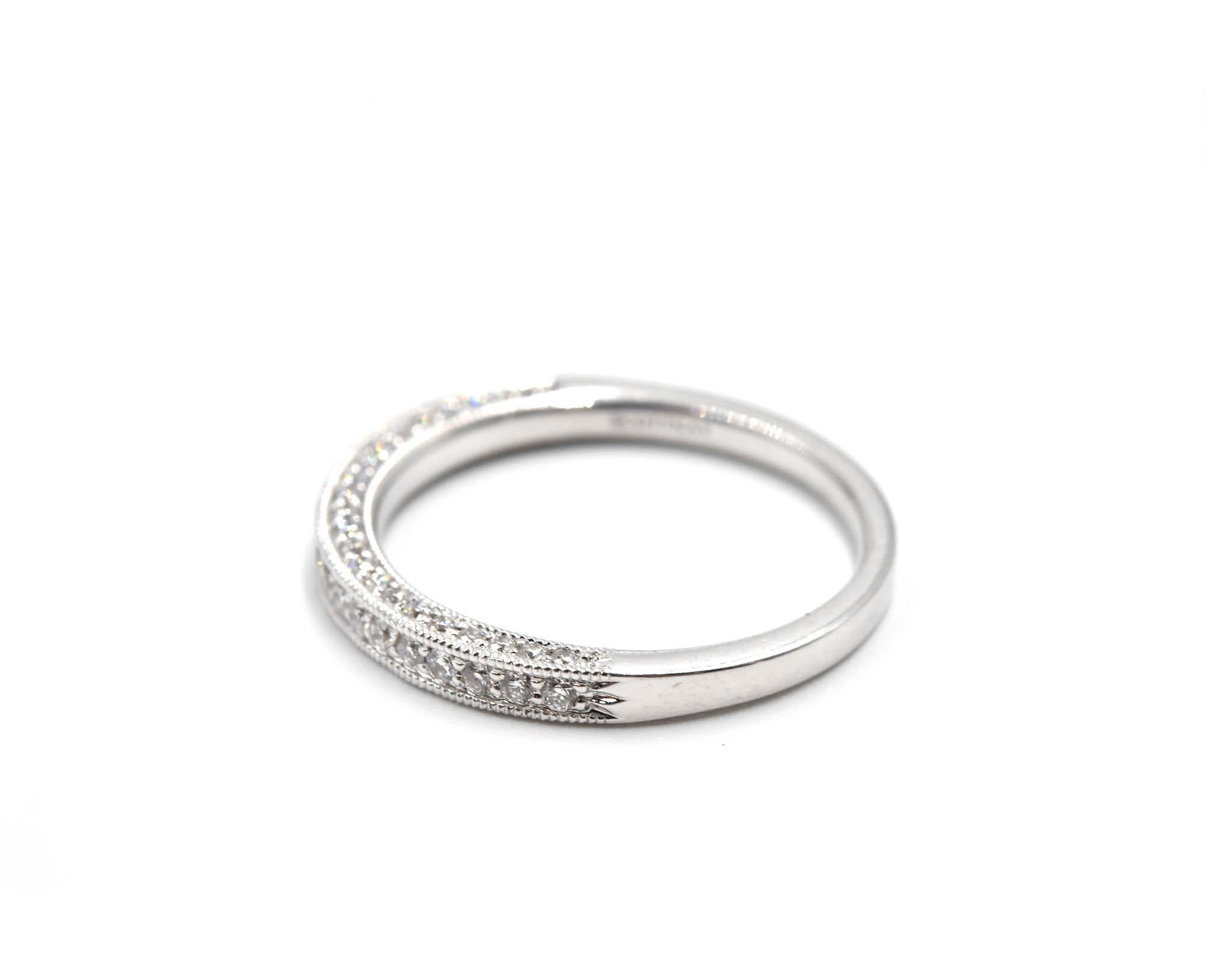 Designer: Scott Kay
Material: 14k white gold
Diamonds: 64 round brilliant cut diamonds = 0.50 carat total weight
Color: G-H
Clarity: VS2
Dimensions: band is 2.38mm wide
Ring size: 6 1/2 (please allow two additional shipping days for sizing