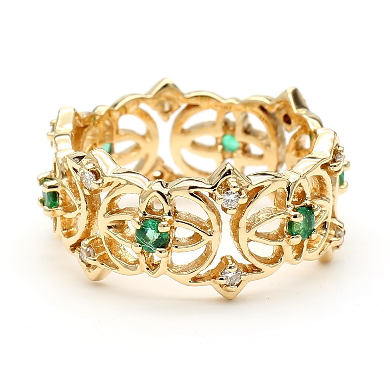 Art Deco 0.50 Carat Emerald & Diamond 14K Gold Open Geometric Band Ring For Sale