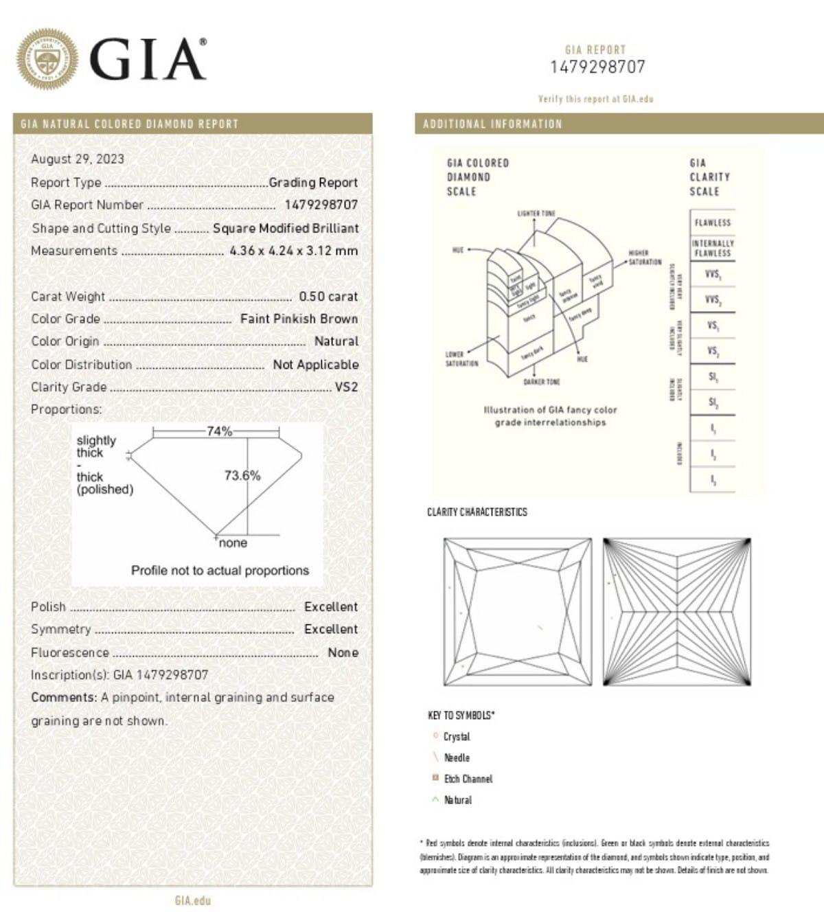 0.50 Carat Faint Pinkish Brown Princess VS2 Clarity GIA Certified diamond For Sale 1