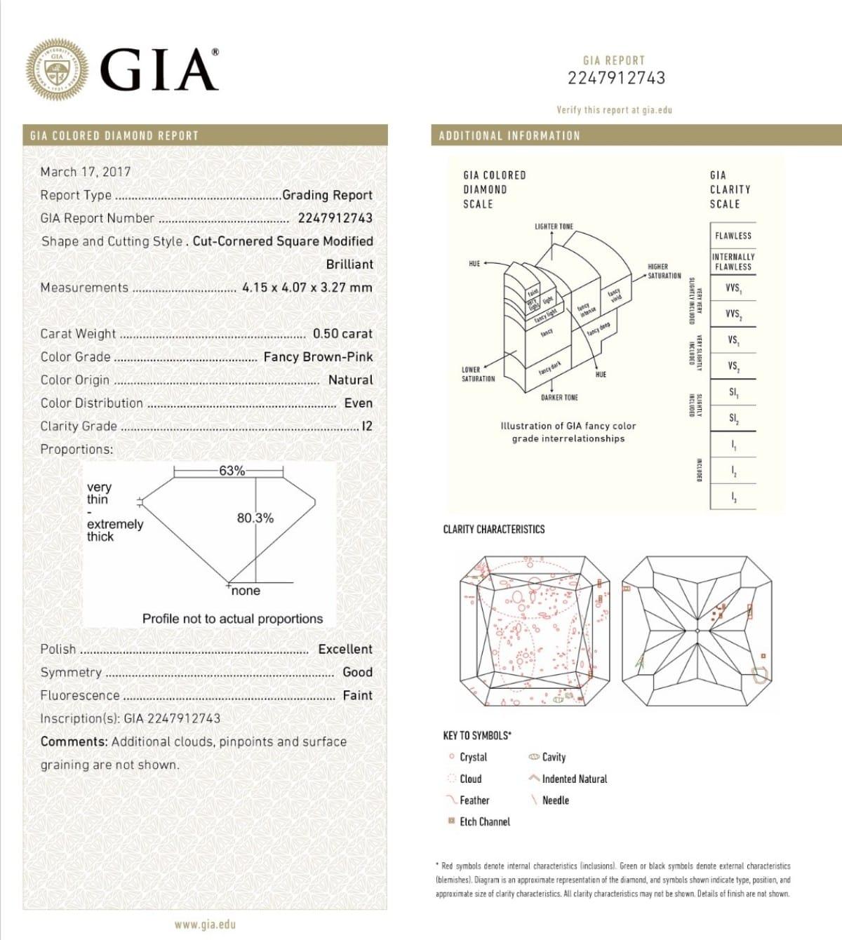 0.50 Carat Fancy Brown Pink Radiant Cut Diamond I2 Clarity GIA Certified For Sale 2