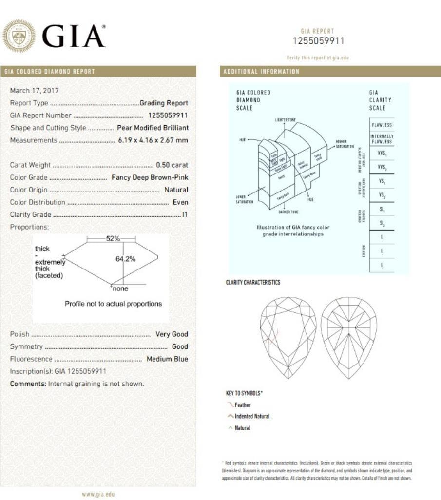 0.50 Carat Fancy Deep Brown Pink Pear Cut Diamond I1 Clarity GIA Certified For Sale 2