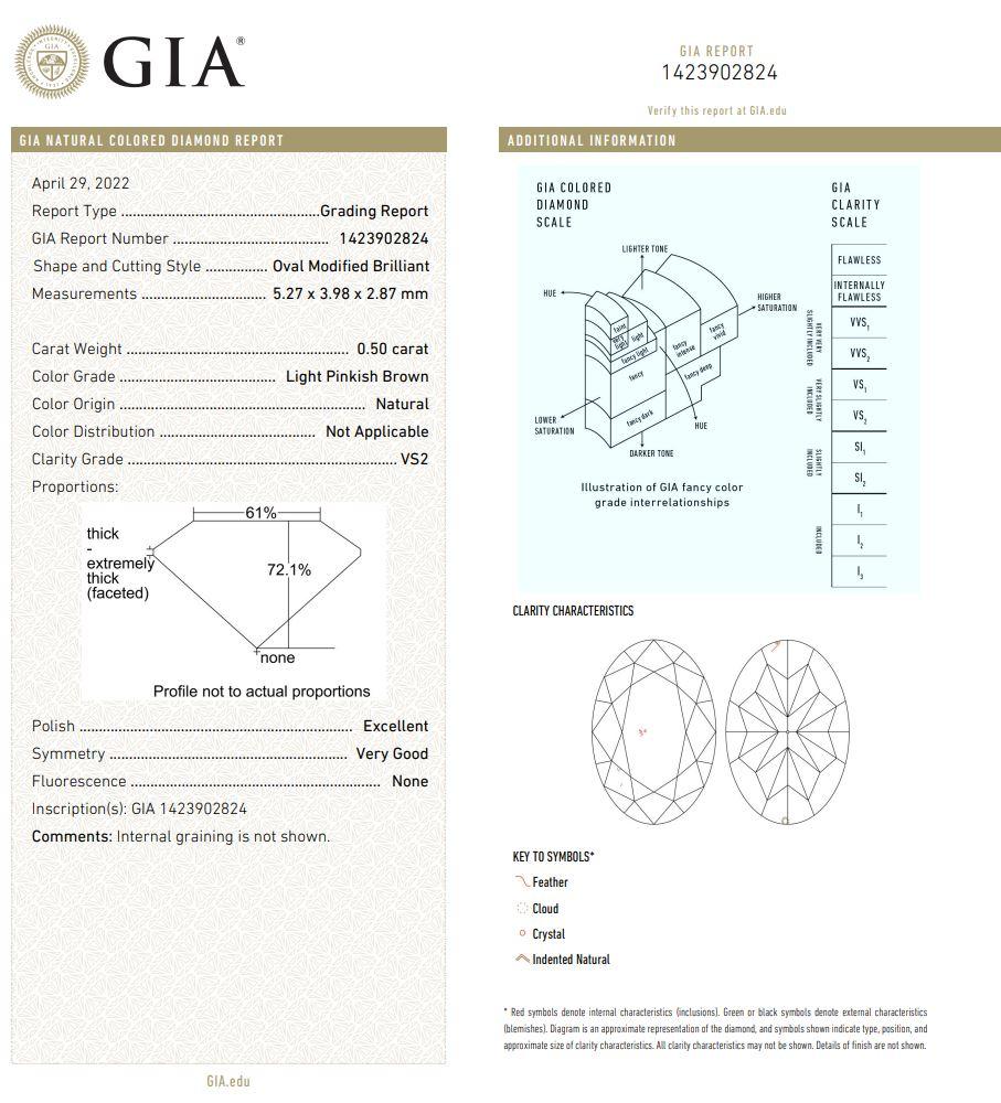 0.50 Carat Light Pinkish Brown Oval cut diamond VS2 Clarity GIA Certified For Sale 1