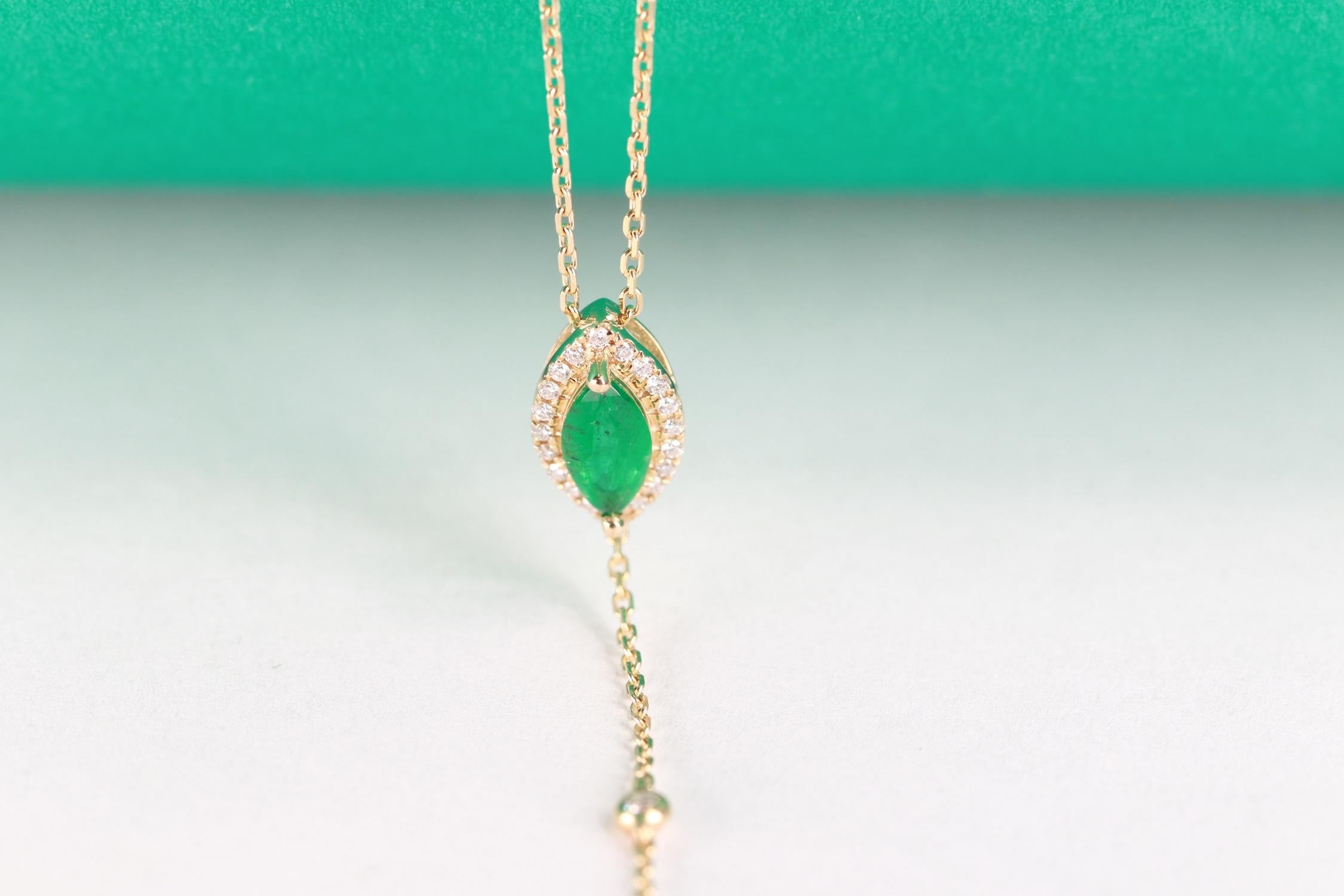0.50 Carat Marquise Cut Emerald Diamond Accents 14K Yellow Gold Necklace In New Condition For Sale In New York, NY