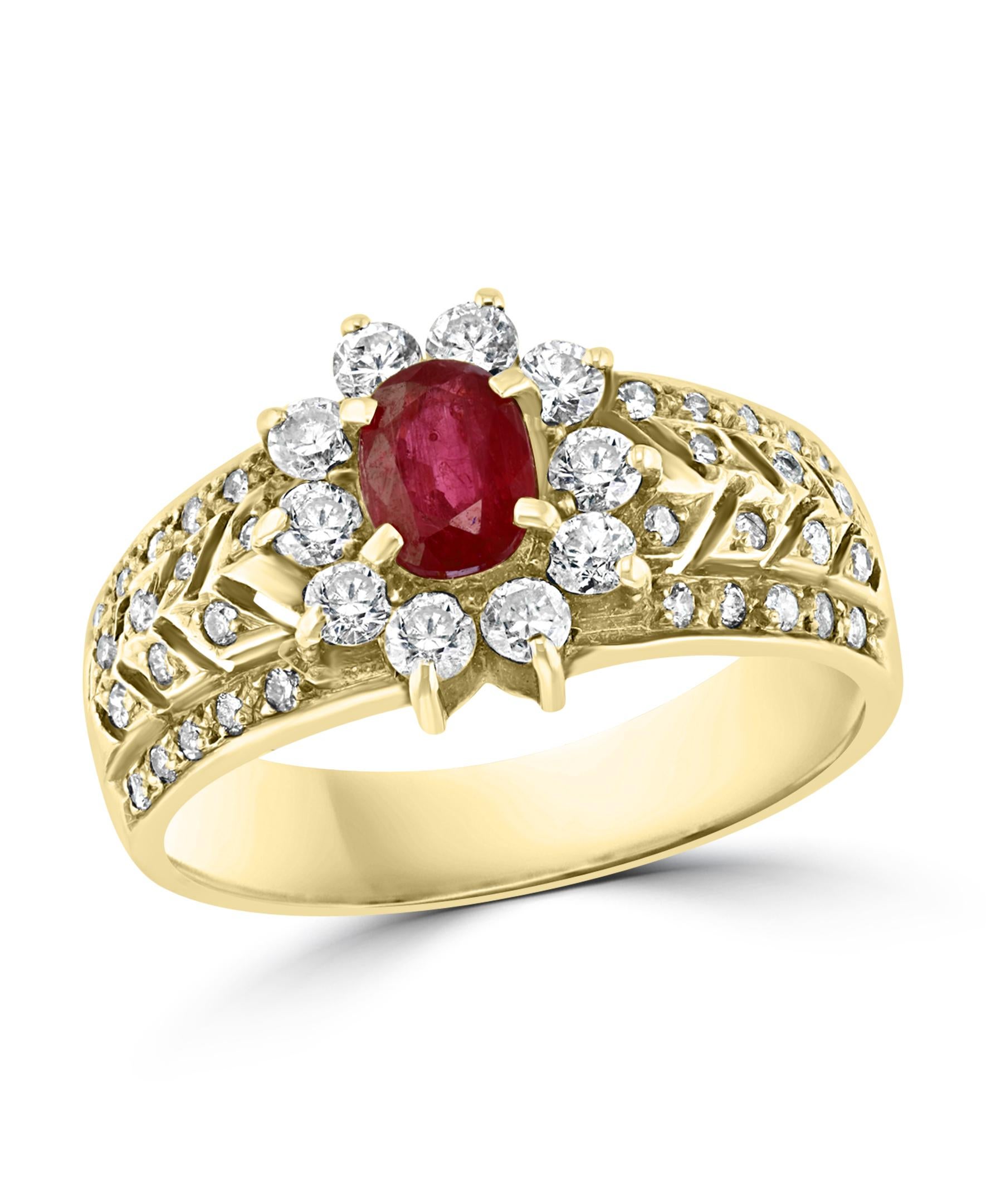 0.50 Carat Natural  Ruby and Diamond 14 Karat Yellow Gold Ring For Sale 7