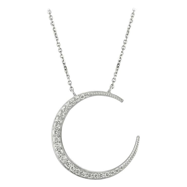 0.50 Carat Natural Diamond Crescent Moon Necklace 14k White Gold G SI For Sale