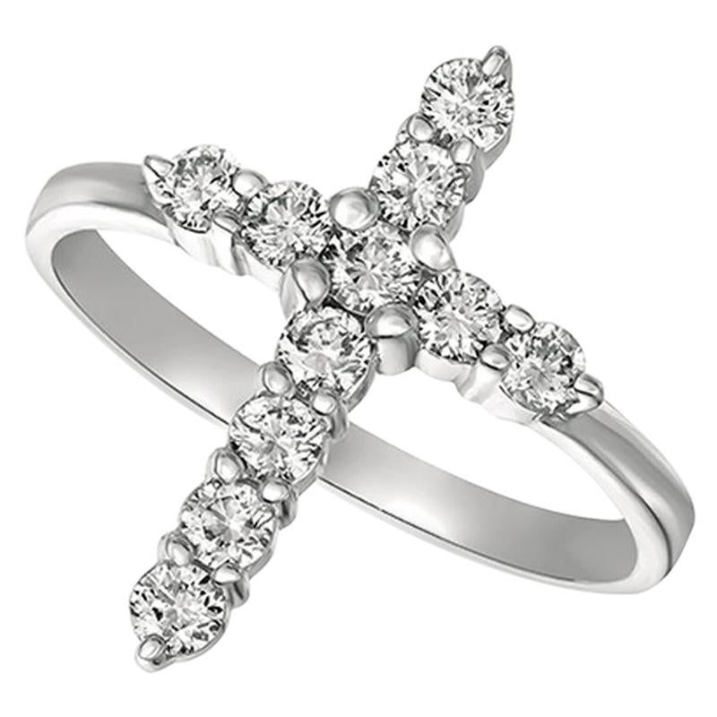 Anello con croce di diamanti naturali da 0,50 carati G SI Oro bianco 14 carati