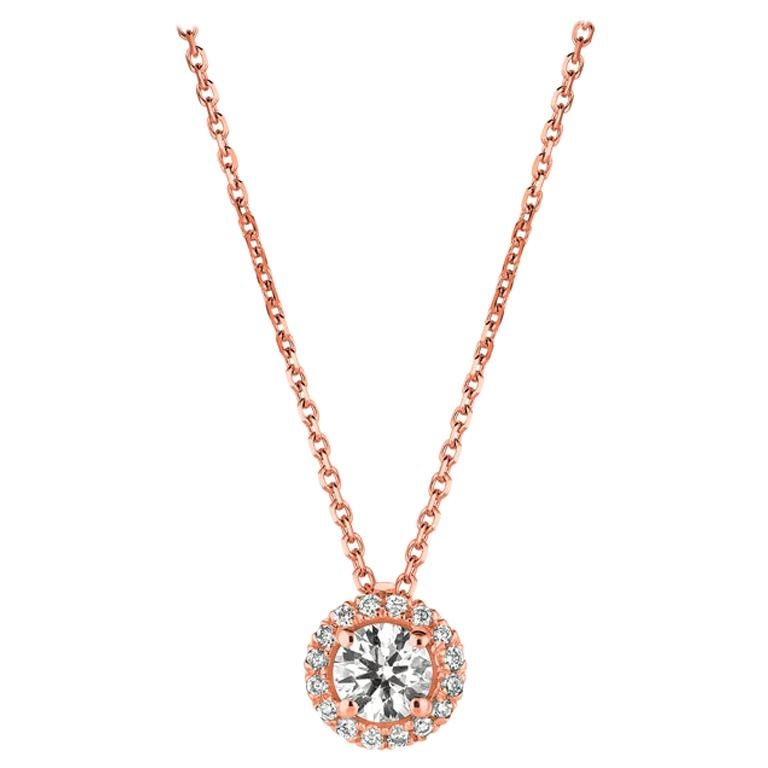 0.50 Carat Natural Diamond Halo Necklace 14 Karat Rose Gold G SI Chain For Sale