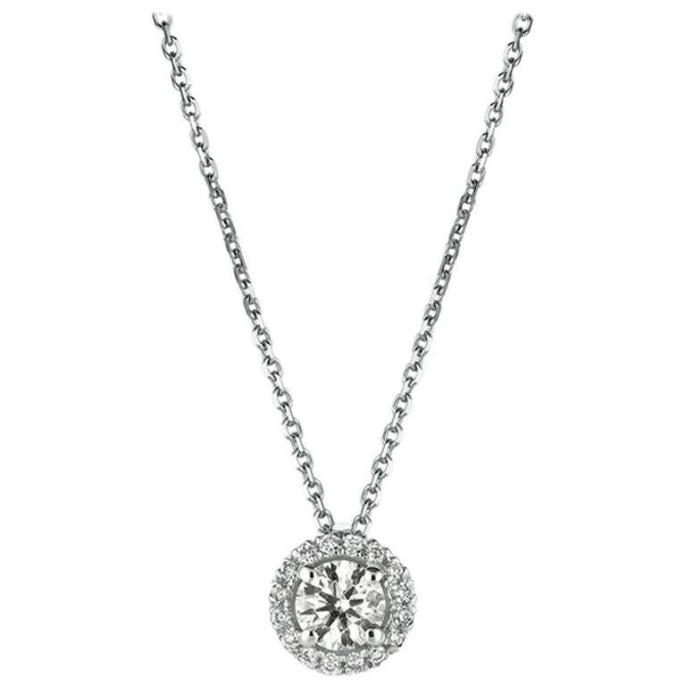 0.50 Carat Natural Diamond Halo Necklace 14 Karat White Gold G SI Chain For Sale