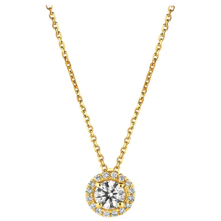 0.50 Carat Natural Diamond Halo Necklace 14 Karat Yellow Gold G SI Chain For Sale
