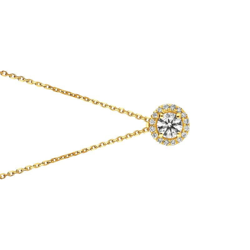 Contemporary 0.50 Carat Natural Diamond Halo Necklace 14 Karat Yellow Gold G SI Chain For Sale
