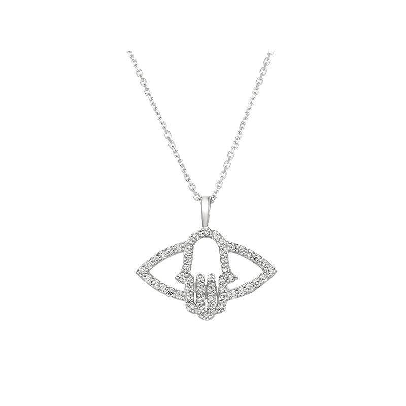 0.50 Carat Natural Diamond Hamsa Hand of God Necklace 14K White Gold

100% Natural Diamonds, Not Enhanced in any way Round Cut Diamond Necklace with 18'' chain  
0.50CT
G-H 
SI  
14K White Gold,   Pave style,  3.6 gram
3/4 inch in height, 7/8 inch