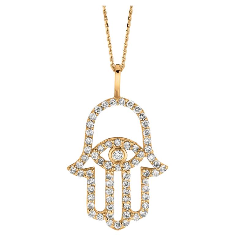 0.50 Carat Natural Diamond Hamsa Necklace 14 Karat Yellow Gold G SI Chain For Sale