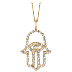 0.50 Carat Natural Diamond Hamsa Necklace 14 Karat Yellow Gold G SI Chain