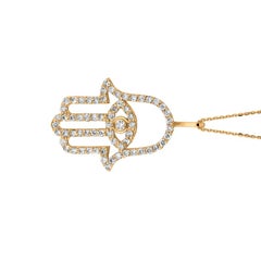 0.50 Carat Natural Diamond Hamsa Necklace 14 Karat Yellow Gold G SI Chain