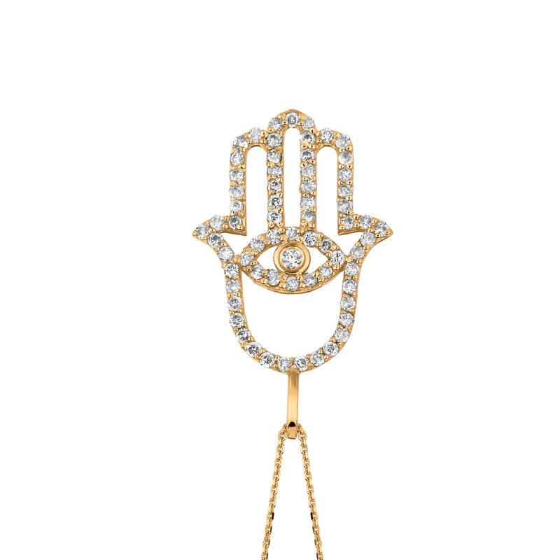 Contemporary 0.50 Carat Natural Diamond Hamsa Necklace 14 Karat Yellow Gold G SI Chain For Sale