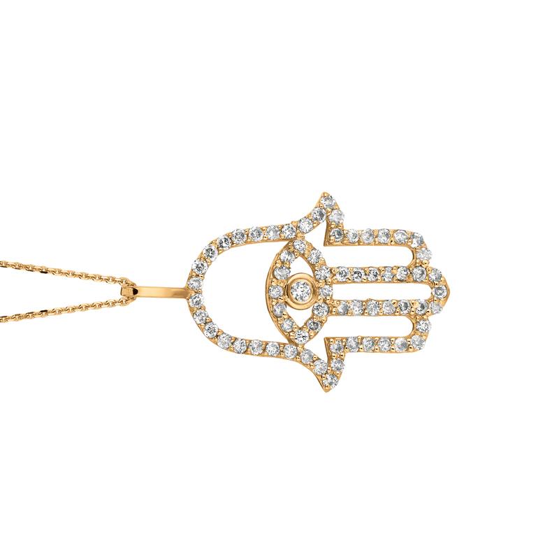 Round Cut 0.50 Carat Natural Diamond Hamsa Necklace 14 Karat Yellow Gold G SI Chain For Sale