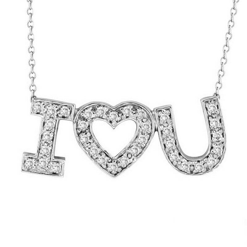 Round Cut 0.50 Carat Natural Diamond I Love You Necklace Pendant 14K White Gold G SI For Sale