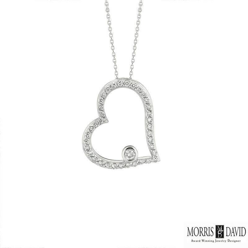 Round Cut 0.50 Carat Natural Diamond Large Heart Necklace Pendant 14 Karat White Gold For Sale