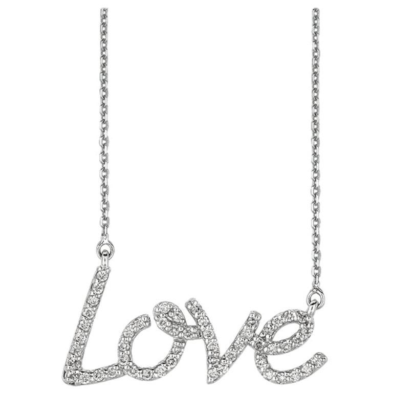 0.50 Carat Natural Diamond Love Necklace Pendant 14 Karat White Gold G SI For Sale