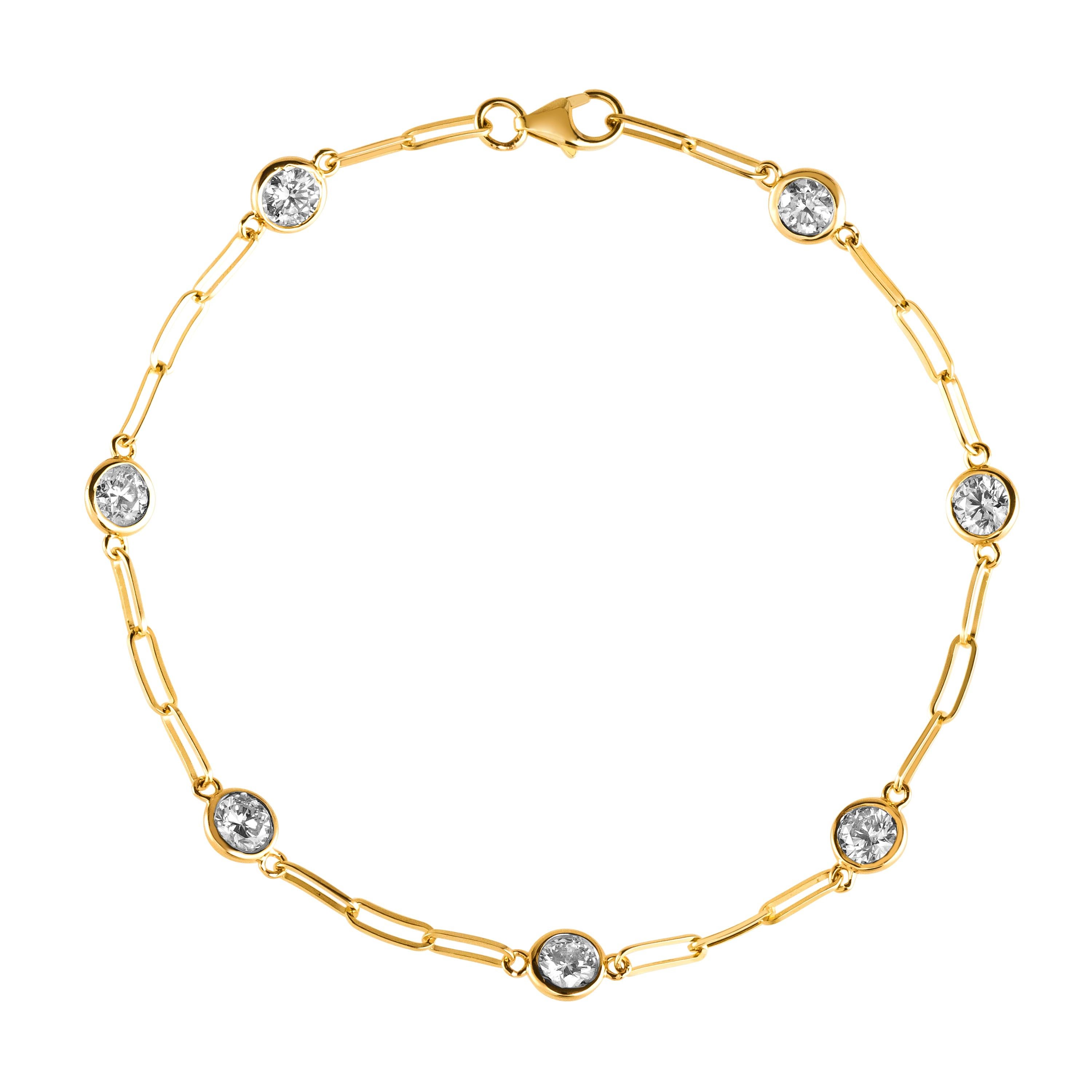 0.52 Carat Natural Diamond Paper Clip Bracelet G SI 14K Yellow Gold 7 inches

100% Natural Diamonds, Not Enhanced in any way
0.52CT
G-H 
SI  
14K Yellow Gold, Bezel set, 1.2 grams
7 inches in length, 1/8 inch in width
7 diamonds, each diamond is