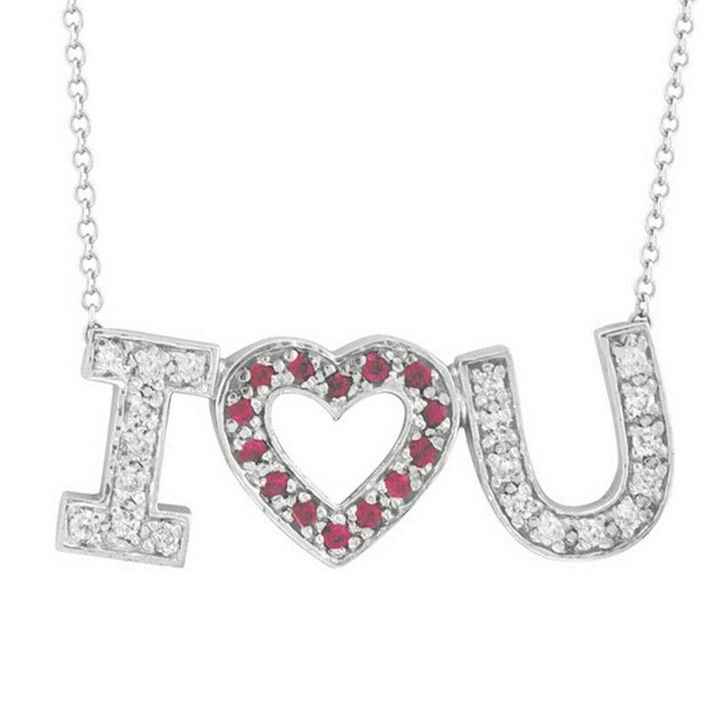 Contemporary 0.50 Carat Natural Diamond & Pink Sapphire I Love You Necklace 14K White Gold For Sale