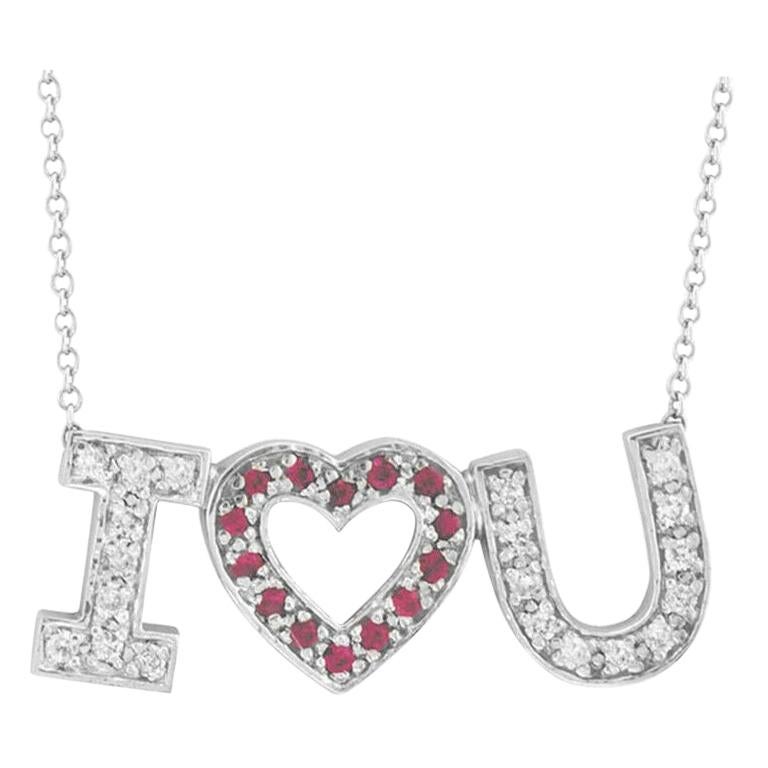 0.50 Carat Natural Diamond & Pink Sapphire I Love You Necklace 14K White Gold For Sale