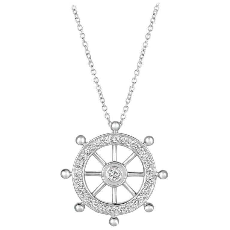 0.50 Carat Natural Diamond Ship Wheel Necklace 14 Karat White Gold G SI Chain For Sale