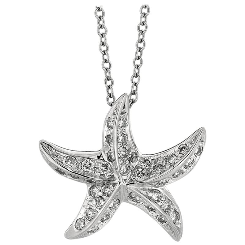 0.50 Carat Natural Diamond Starfish Necklace Pendant 14 Karat White Gold Chain For Sale