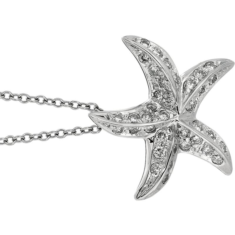 Round Cut 0.50 Carat Natural Diamond Starfish Necklace Pendant 14 Karat White Gold Chain For Sale