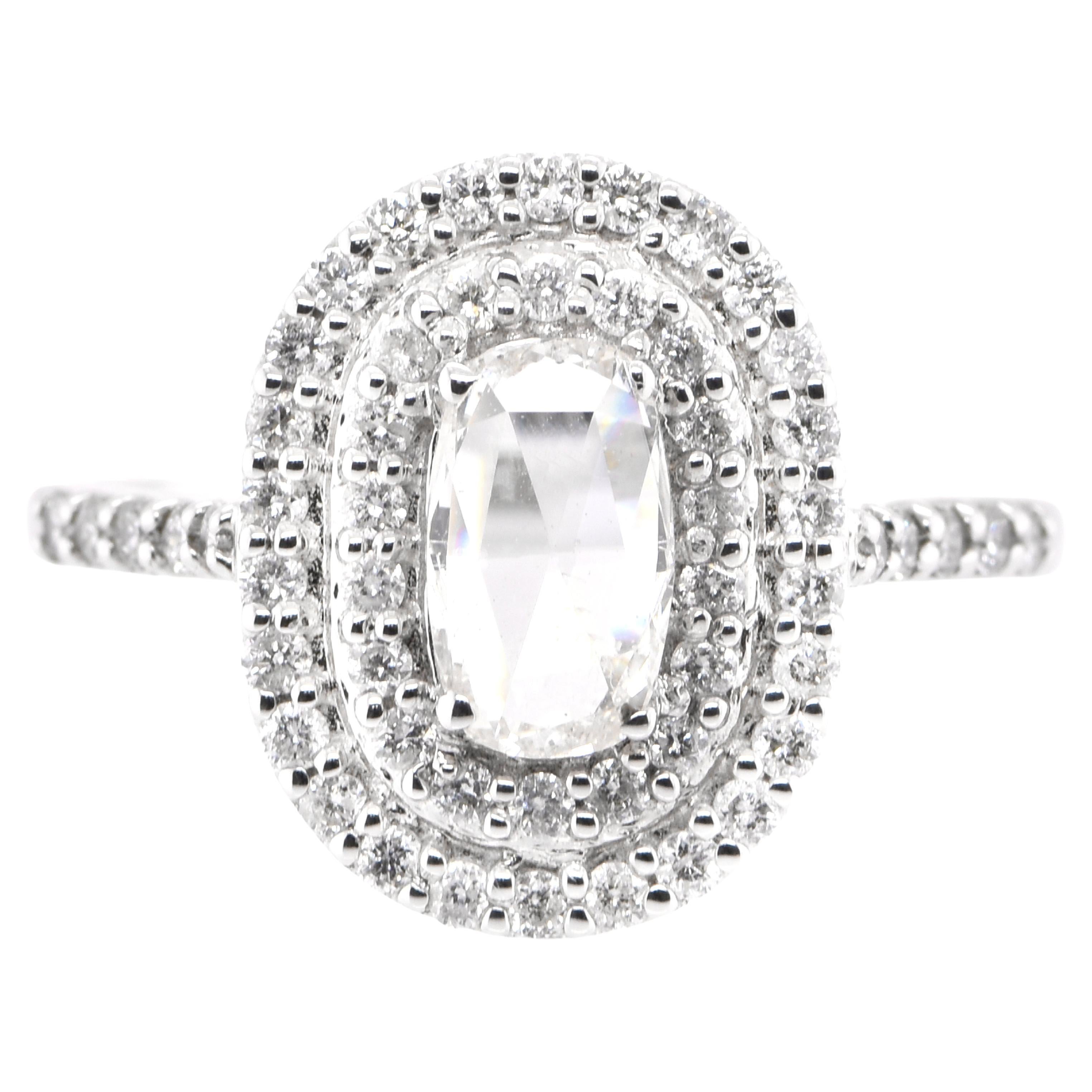 0.50 Carat Natural Rose Cut Diamond Double Halo Ring Set in 18 Karat White Gold For Sale