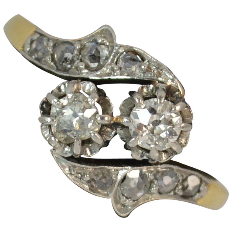0.50 Carat Old and Rose Cut Diamond 18ct Gold Toi Et Moi Twist Two Stone Ring 