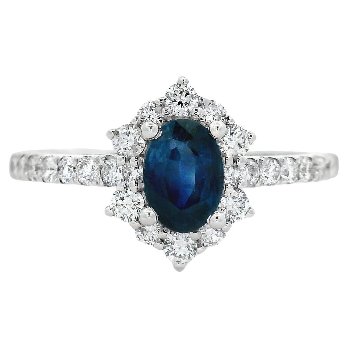 0,50 Karat ovaler blauer Saphir und Diamant Halo Ring in 14K Weißgold Größe 7 im Angebot