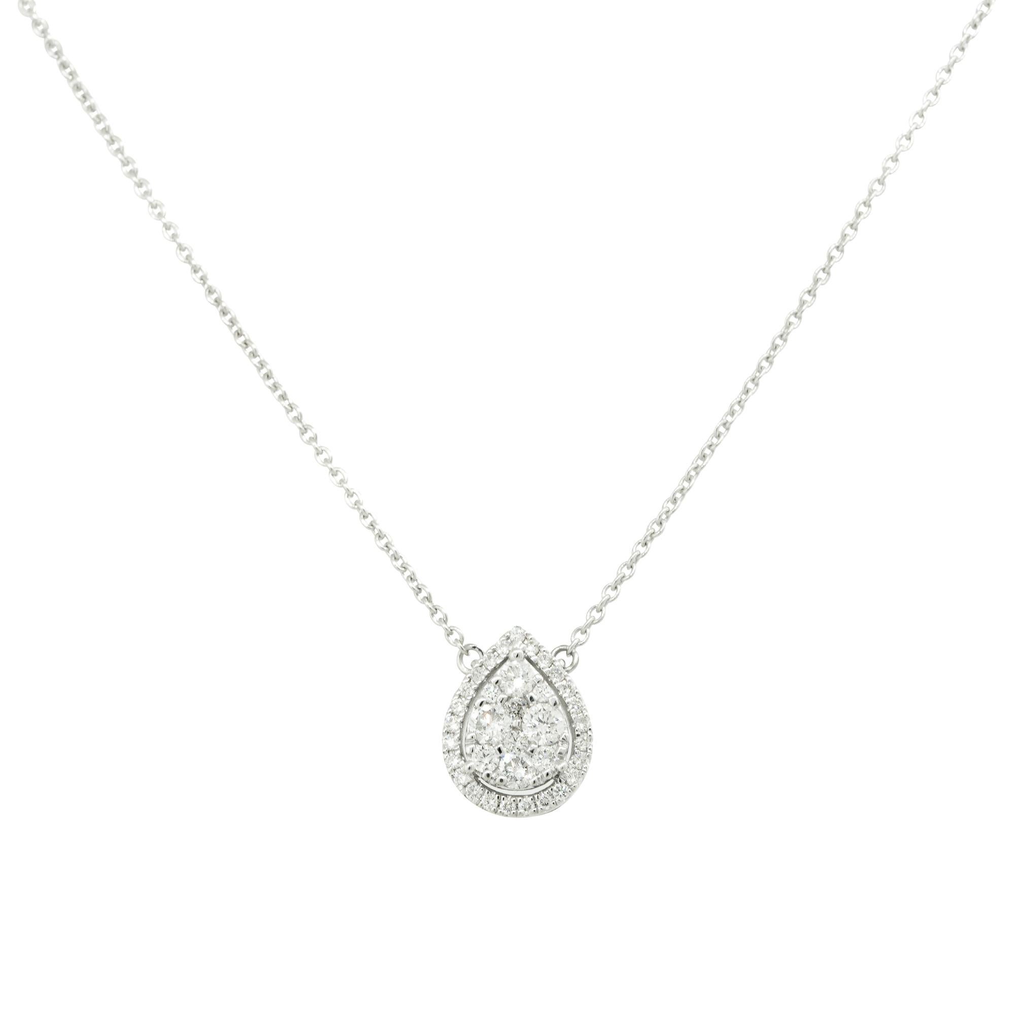 14k White Gold 0.50ctw Pave Diamond Pear Shaped Necklace

Style: Pear Shaped Drop Diamond Necklace
Material: 14k White Gold
Diamond Details: Approximately 0.50ctw of Round Brilliant Diamonds.
Diamonds are pave set into the shape of a pear.
There are