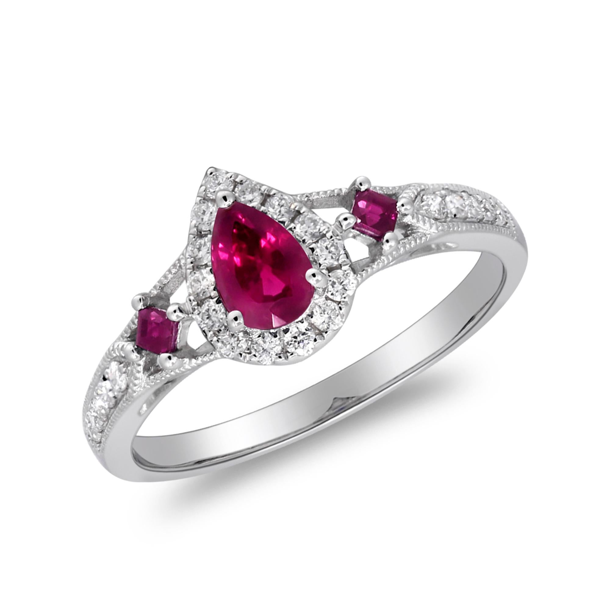 Art Deco 0.50 Carat Pear and 0.13 Carat Square Ruby Diamond Accents 14K White Gold Ring For Sale