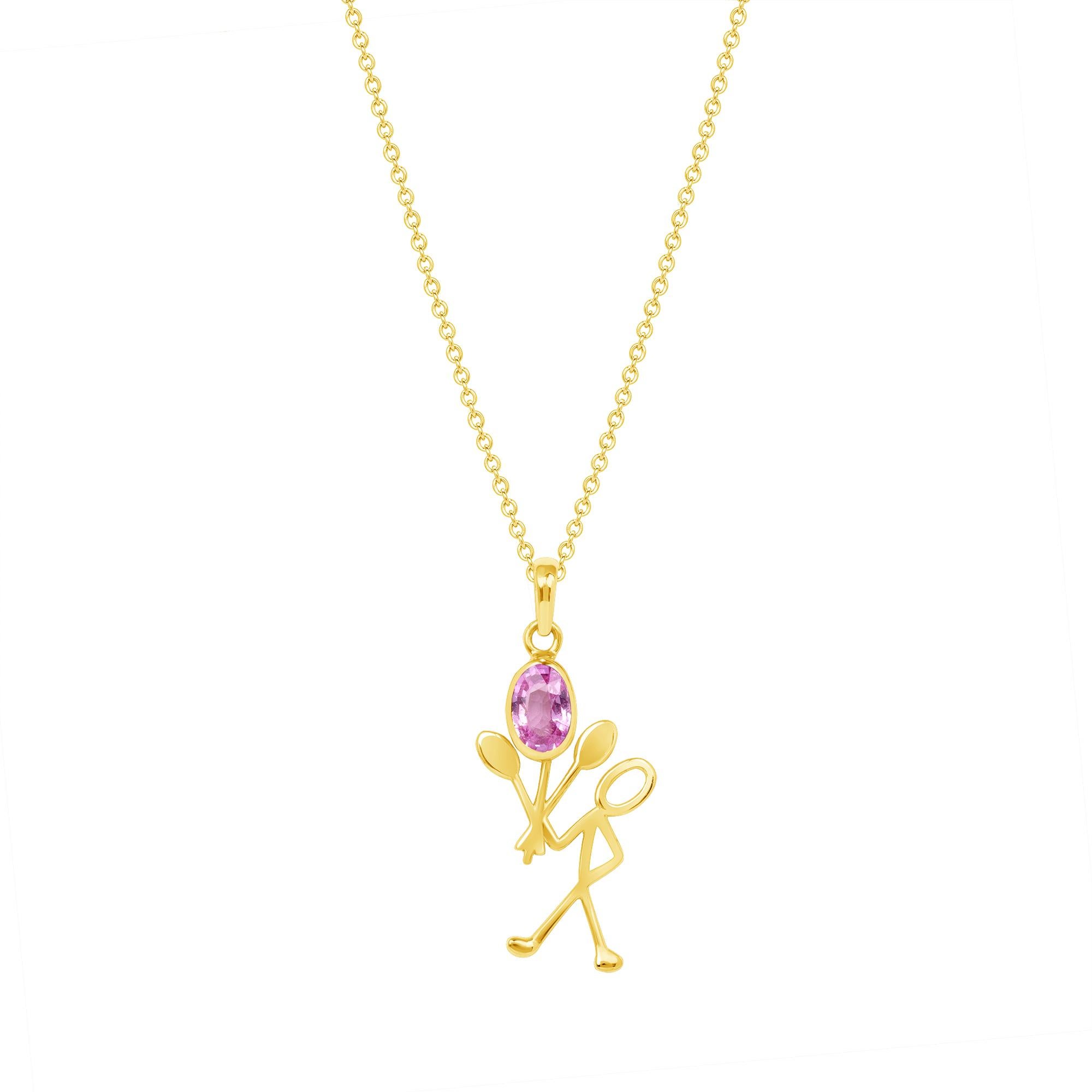 Modern 0.50 Carat Pink Sapphire Yellow Gold Stick Figure with Balloons Pendant Necklace For Sale