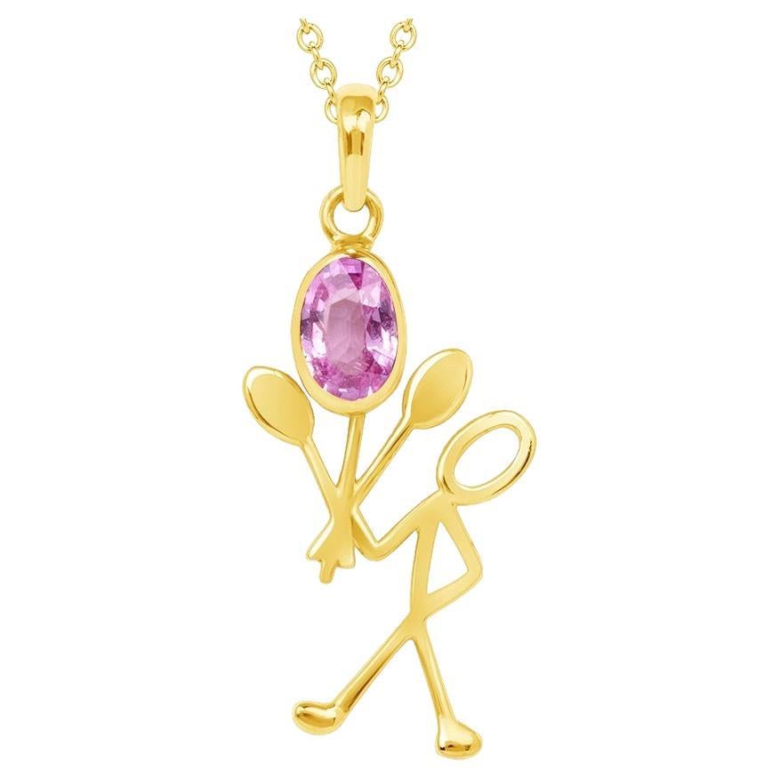 0.50 Carat Pink Sapphire Yellow Gold Stick Figure with Balloons Pendant Necklace For Sale